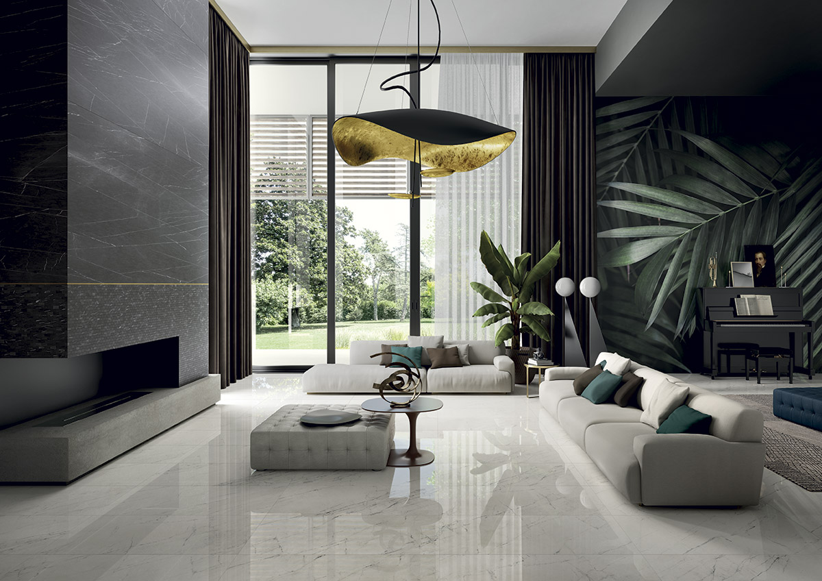 USA Produced LFT Royal Marble Slabs shown in charcoal in a living room design