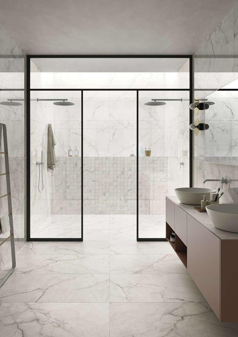 USA Produced LFT Royal Marble Slabs shown in white in bathroom design